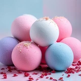 Colorful bath bombs with dried flower petals